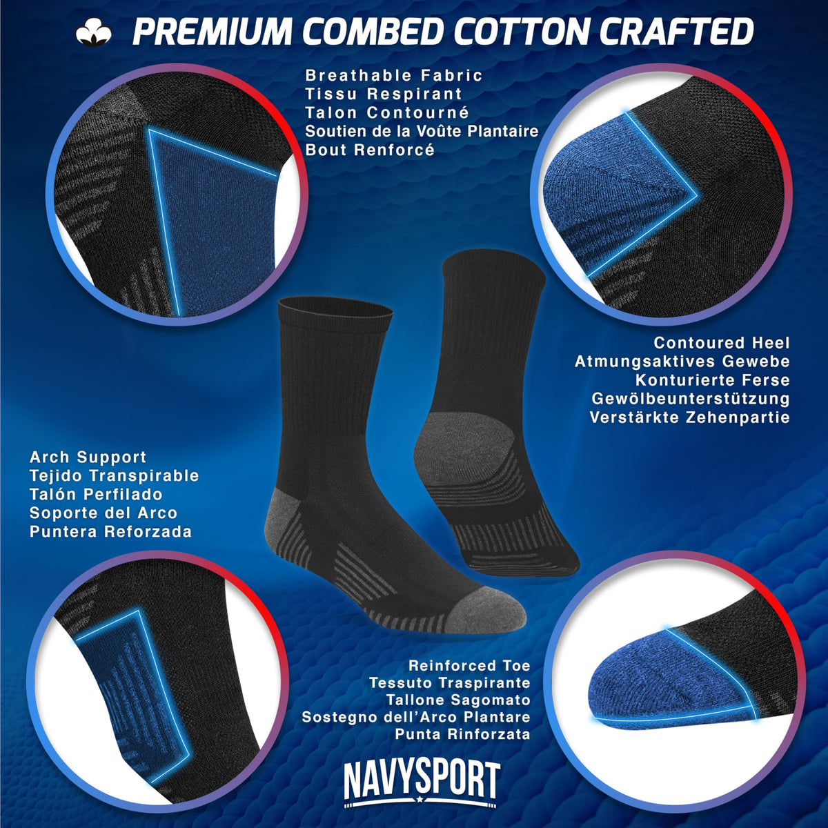 NAVYSPORT Men's Cotton Sports Socks, Pack of 6 Pairs