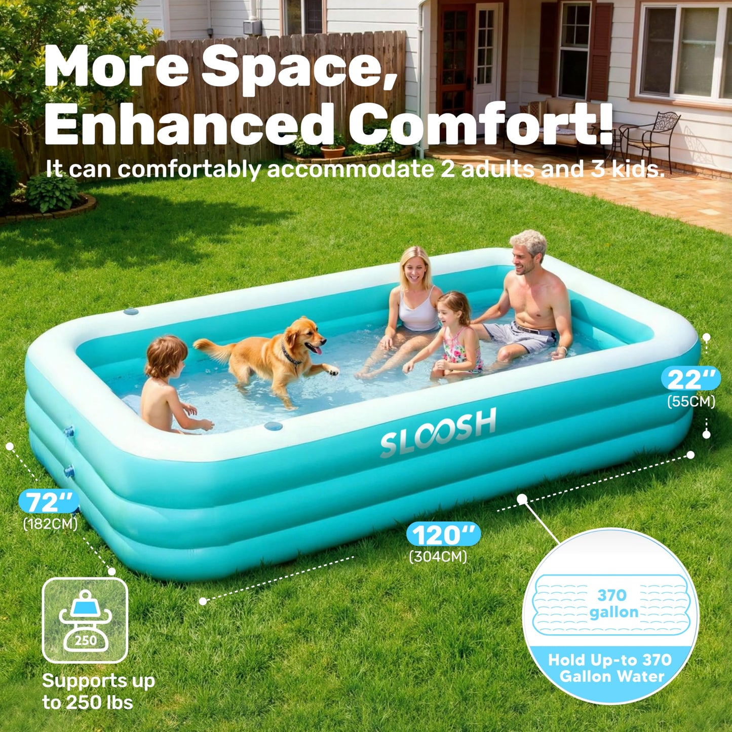 Sloosh Inflatable Swimming Pool for Adults with Seats, 304.8 x 182.8 x 55.8cm Full-Sized Blow Up Durable Thickened Above Ground Family Pool, Large Paddling Pool for Summer Water Party Garden Lawn,Blue