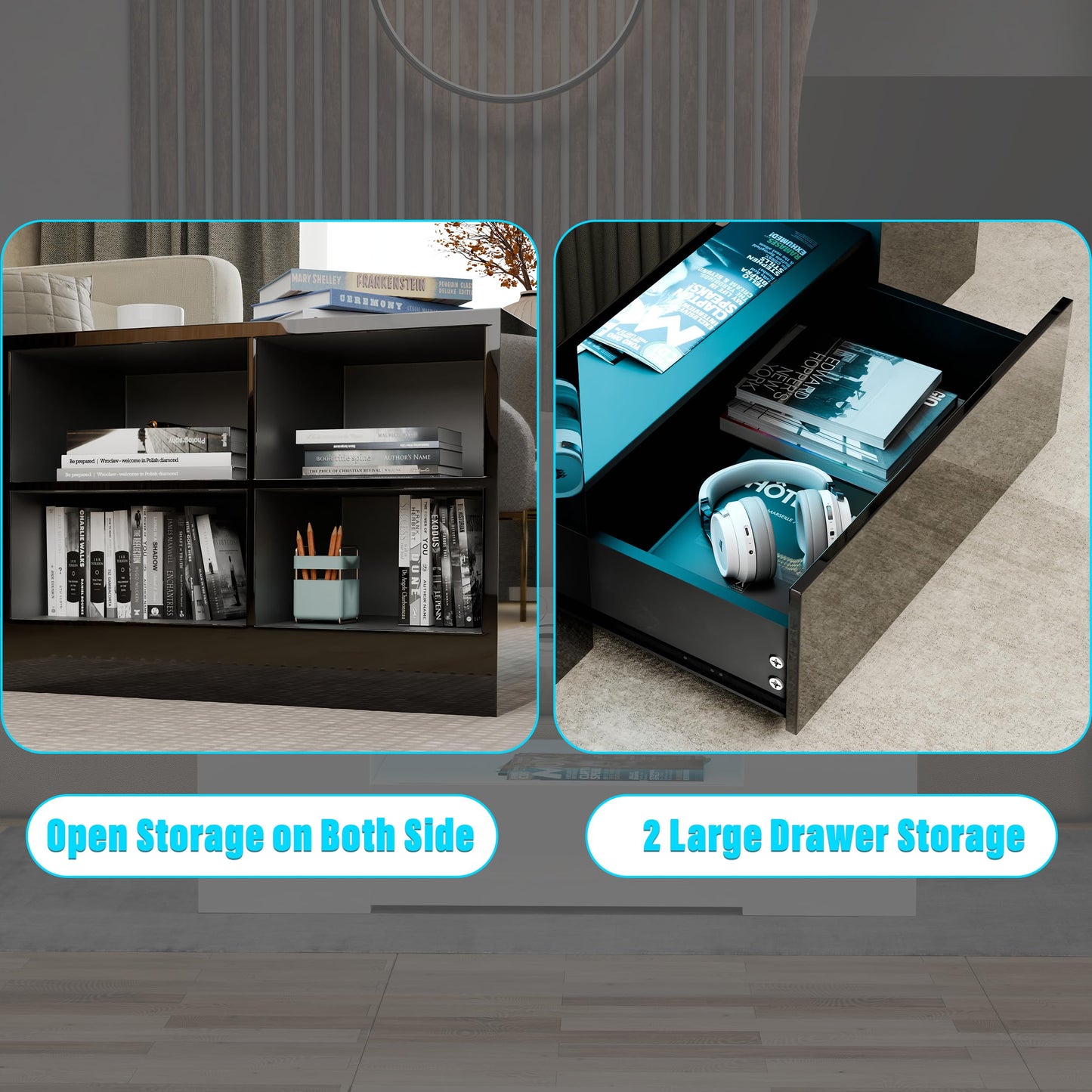 Blisswood Led Coffee Table with 2 Drawer Storage, High Gloss Coffee Table for Living Room Wooden Centre Table with RGB Led Lights Rectangle Tea Table for Living Room Furniture, Black