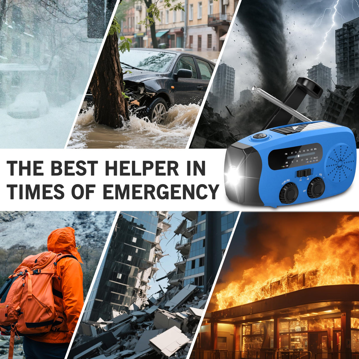 Wind Up Solar Radio, 7400mWh (2000mAh) Solar Powered Radio Emergency Hand Crank Radio with 3 Built-in Cables, Battery Operated, SOS Alarm & Flashlight, Emergency wind up torch for Hurricane, Emergency