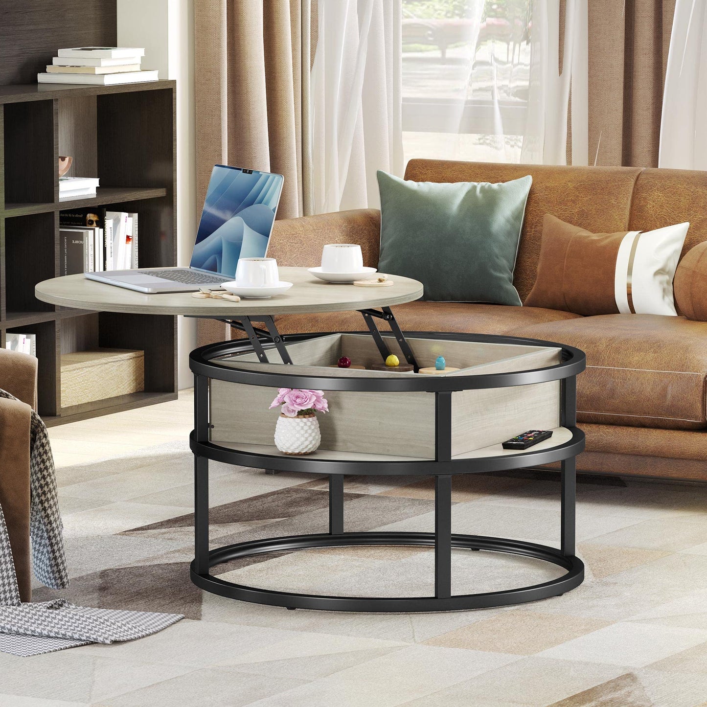 YITAHOME Coffee Table with Lift Top, lift up Coffee Table Round with Hidden Storage Compartment, 60x60x47cm