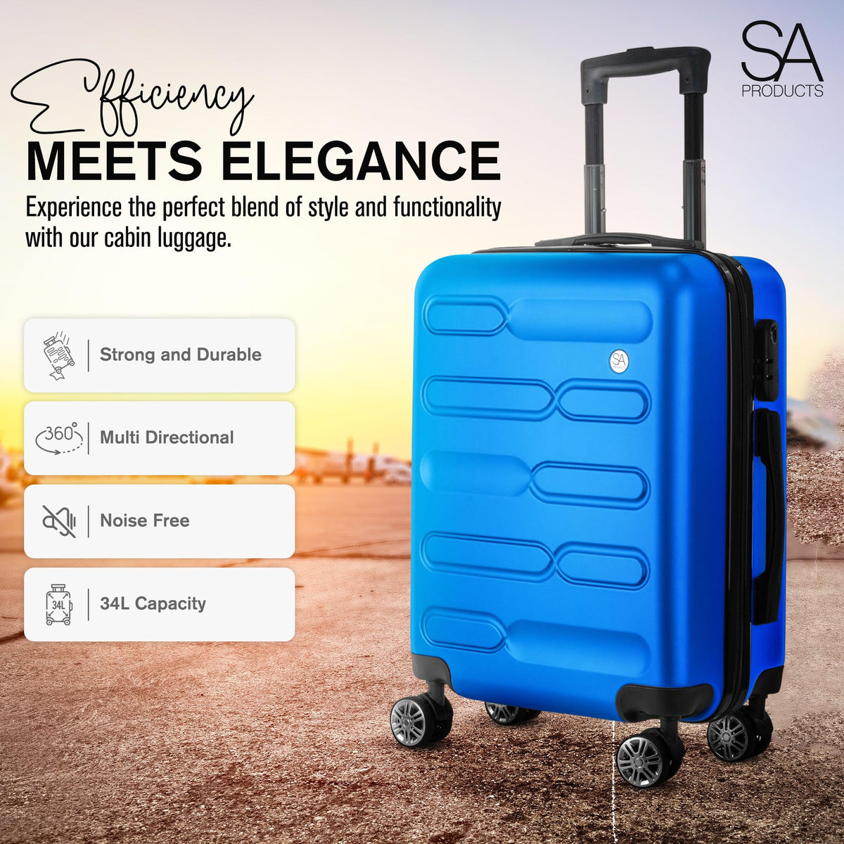 SA Products Cabin Suitcase - 34L Carry On Hard Shell Bag - 55x40x20 - Grey