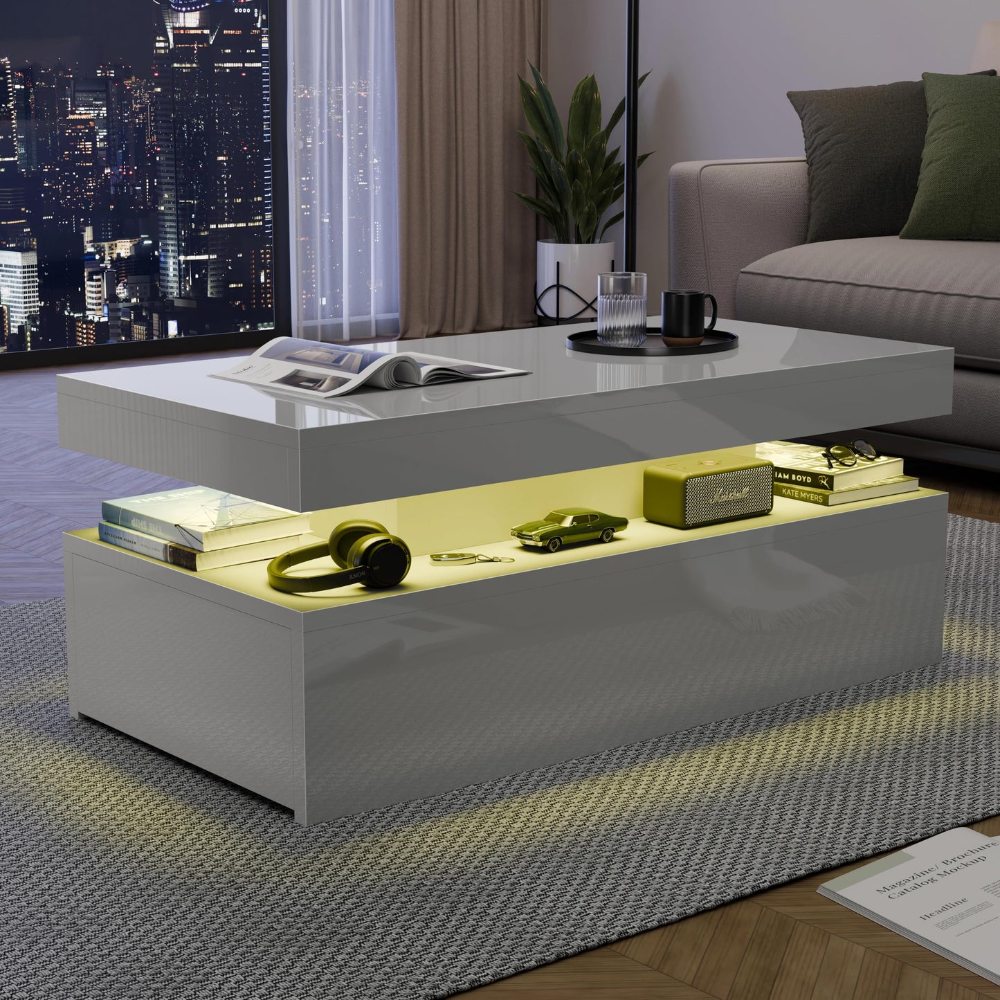 Blisswood High Gloss Coffee Table for Living Room, Rectangle Centre Table with 2 Drawer Storage, Modern Wooden Tea Table with LED RGB Lights for Home, Office & Living Room Furniture - White