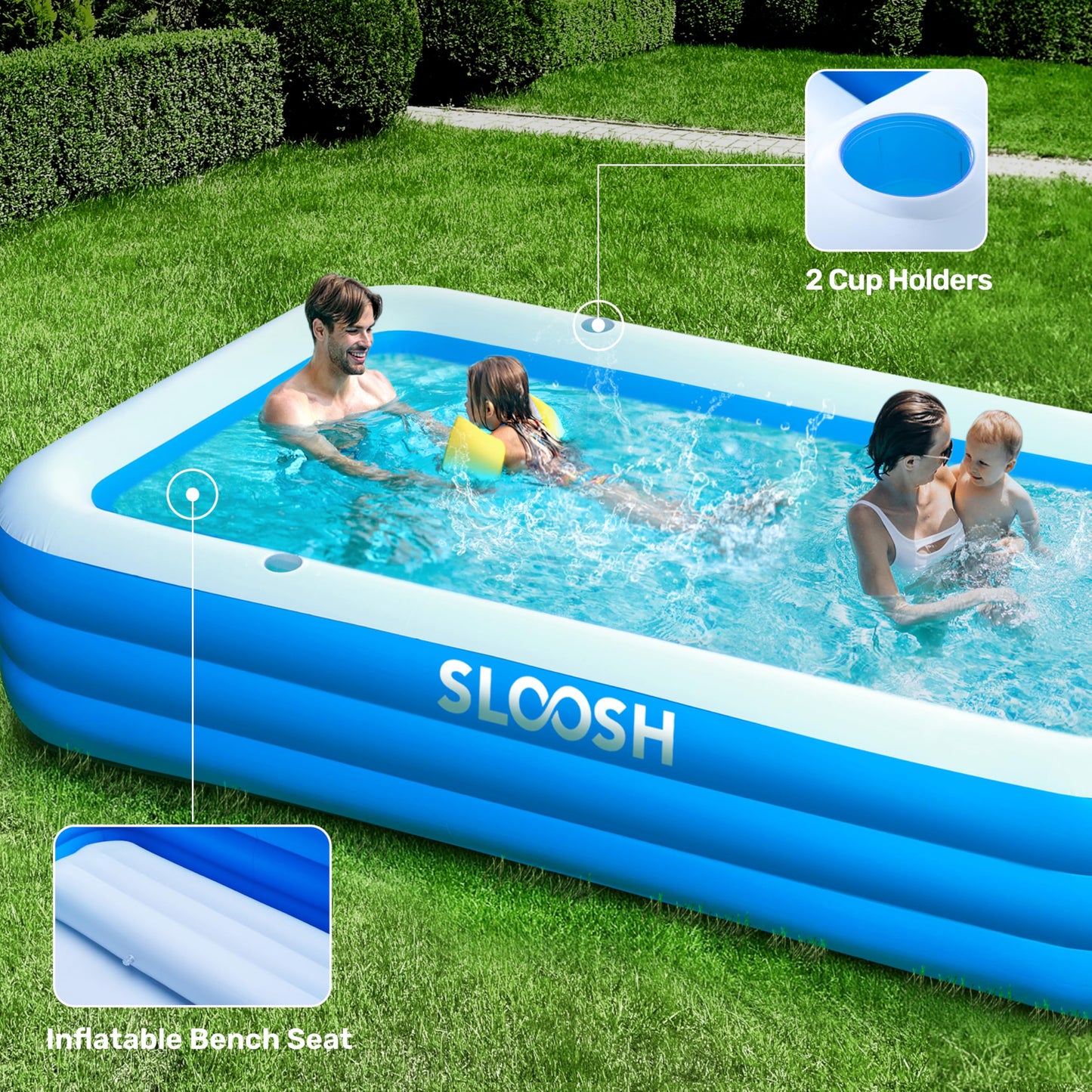 Sloosh Inflatable Swimming Pool for Adults with Seats, 304.8 x 182.8 x 55.8cm Full-Sized Blow Up Durable Thickened Above Ground Family Pool, Large Paddling Pool for Summer Water Party Garden Lawn,Blue