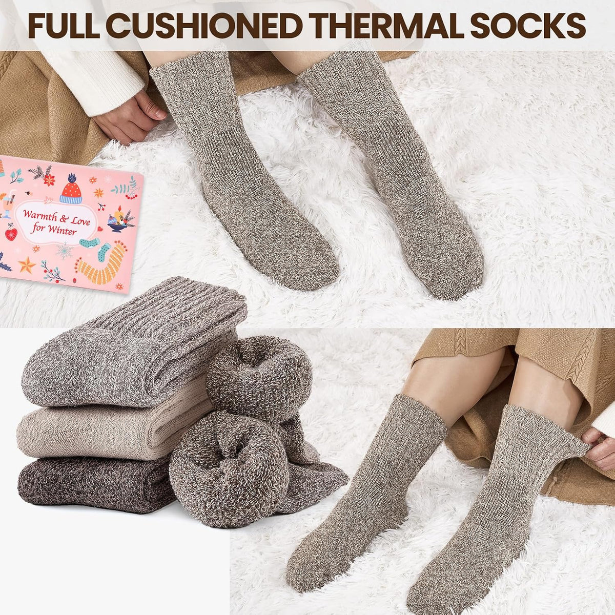 Niorasen Women's Thermal Socks, 3 Pairs Full Cushioned, Cosy Gift Winter