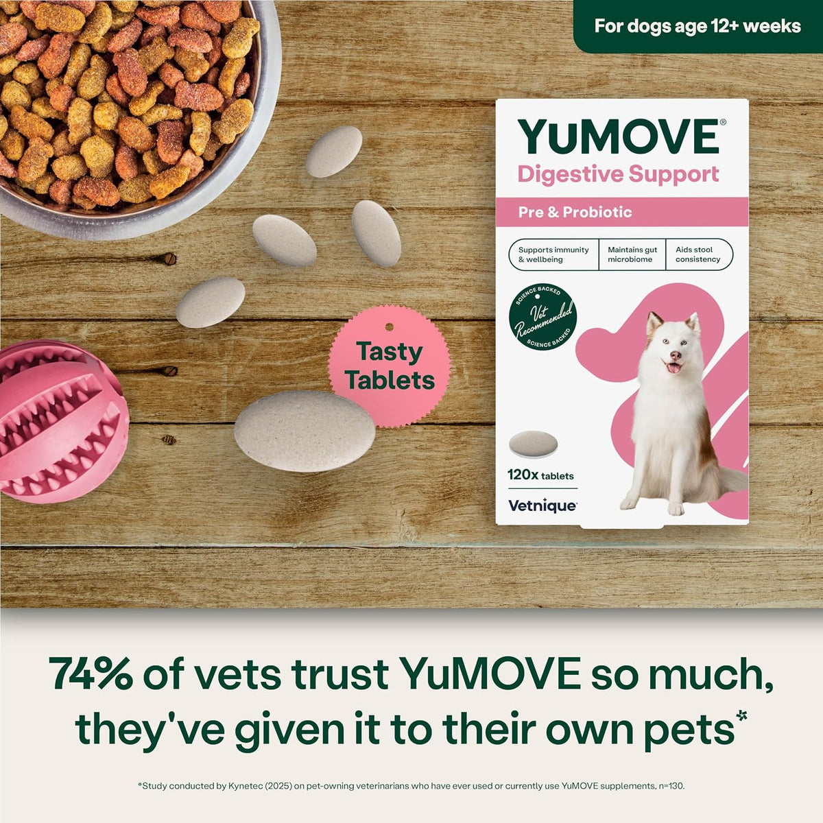 YuMOVE Digestive Care, Dog Pre and Probiotics Supplement for Gut Health, Digestive Support for All Ages and Breeds, 120 Tablets - Eco Friendly and Letter Box Ready Packaging