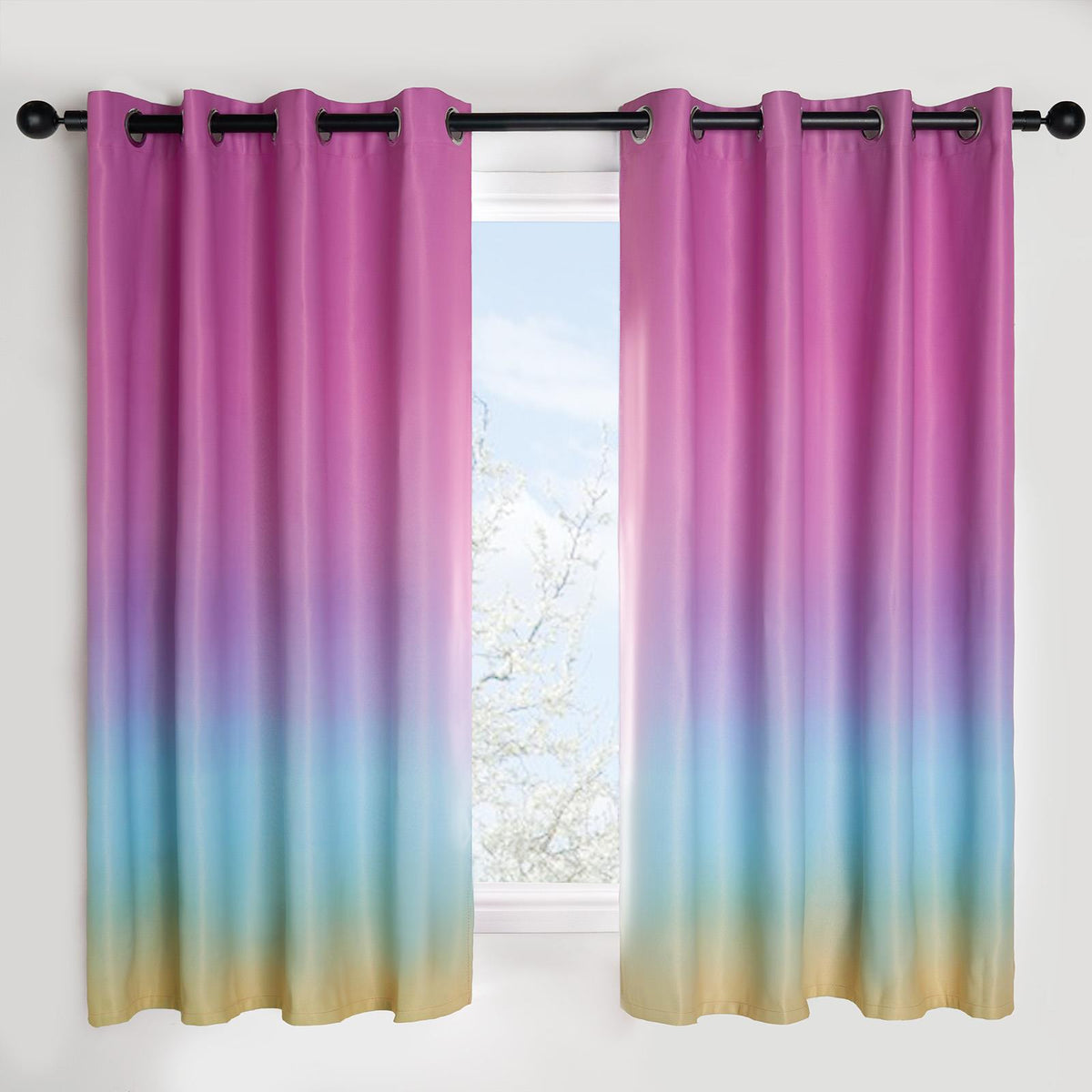 Ombre Eyelet Blackout Kids Curtains Pair of Ring Top Rainbow Ready Made Panels