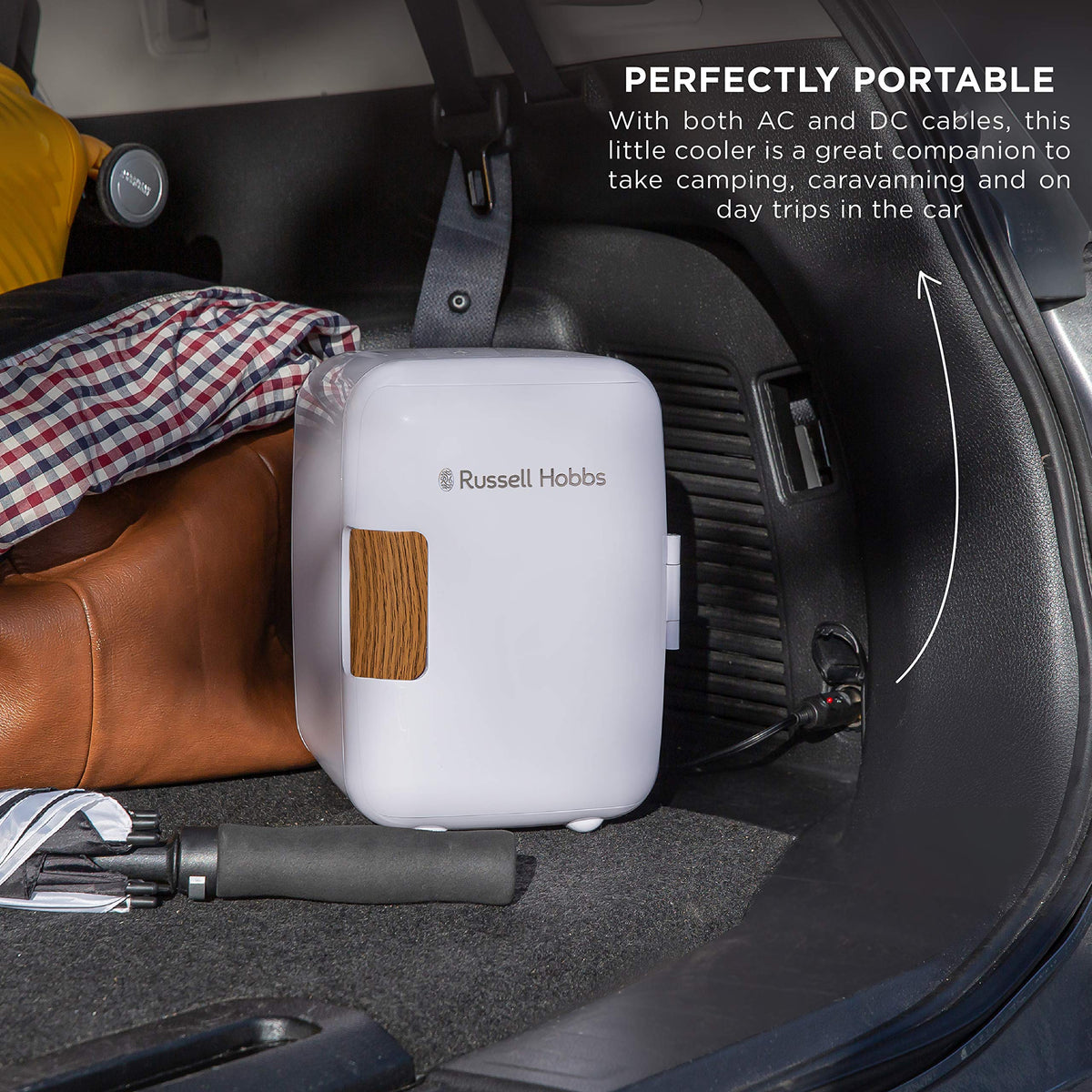 Russell Hobbs RH4CLR1001 4L/6 Can Portable Mini Cooler & Warmer for Drinks, Cosmetics/Makeup/Skincare, AC/DC Power, Retro Style, White, For Bedroom, Home, Caravan, Car