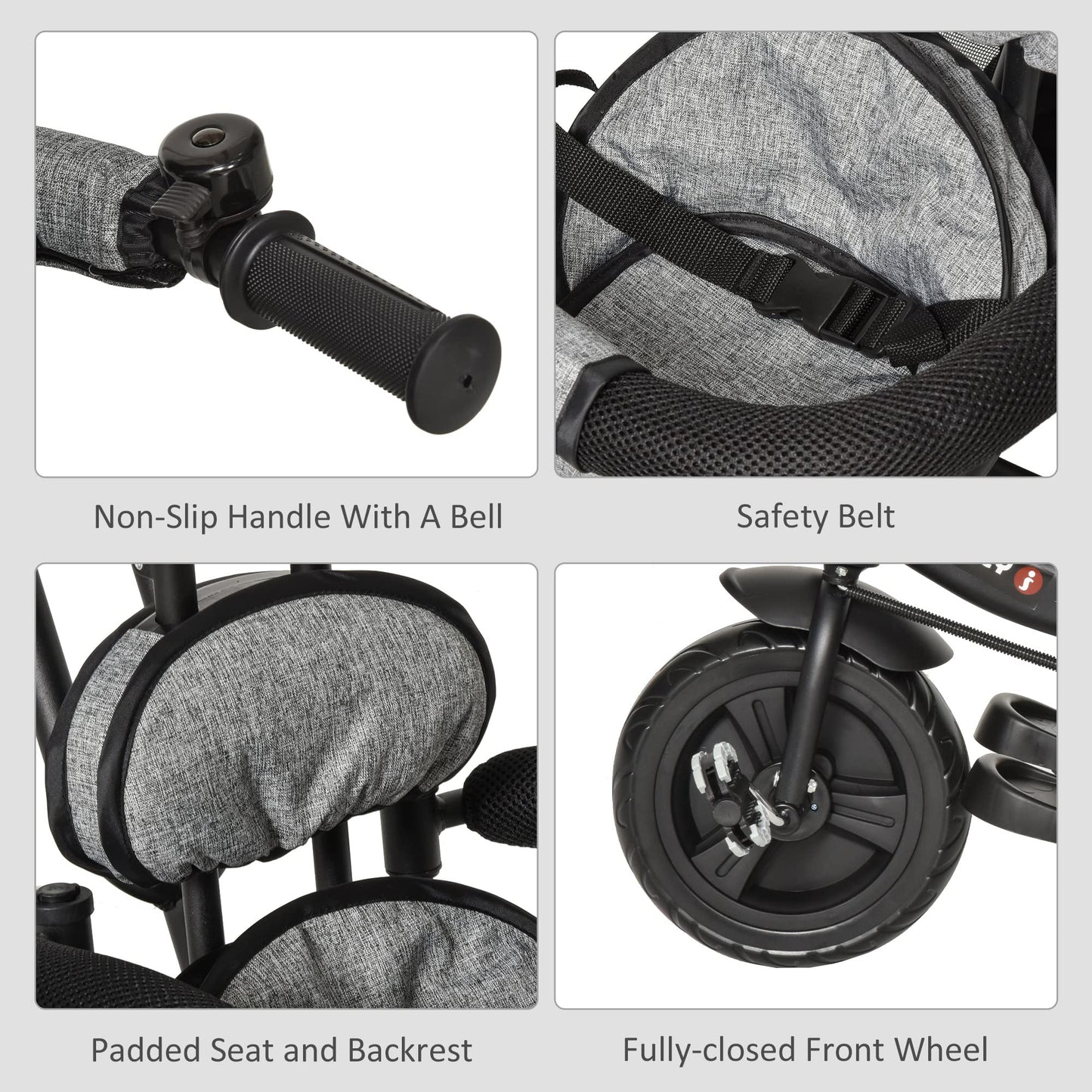 HOMCOM 4 in 1 Tricycle for Kids Toddler Trike with Parent Handle Push Along Pedal Trike Removable Canopy Safety Belt Storage Footrest for 18 Months to 5 Years Grey