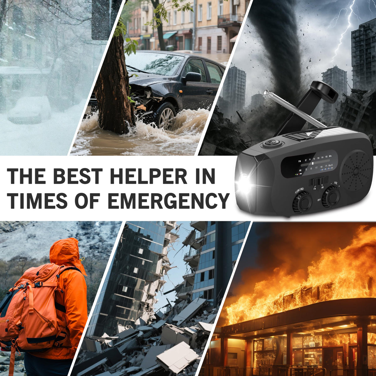 Wind Up Solar Radio, 7400mWh (2000mAh) Solar Powered Radio Emergency Hand Crank Radio with 3 Built-in Cables, Battery Operated, SOS Alarm & Flashlight, Emergency wind up torch for Hurricane, Emergency