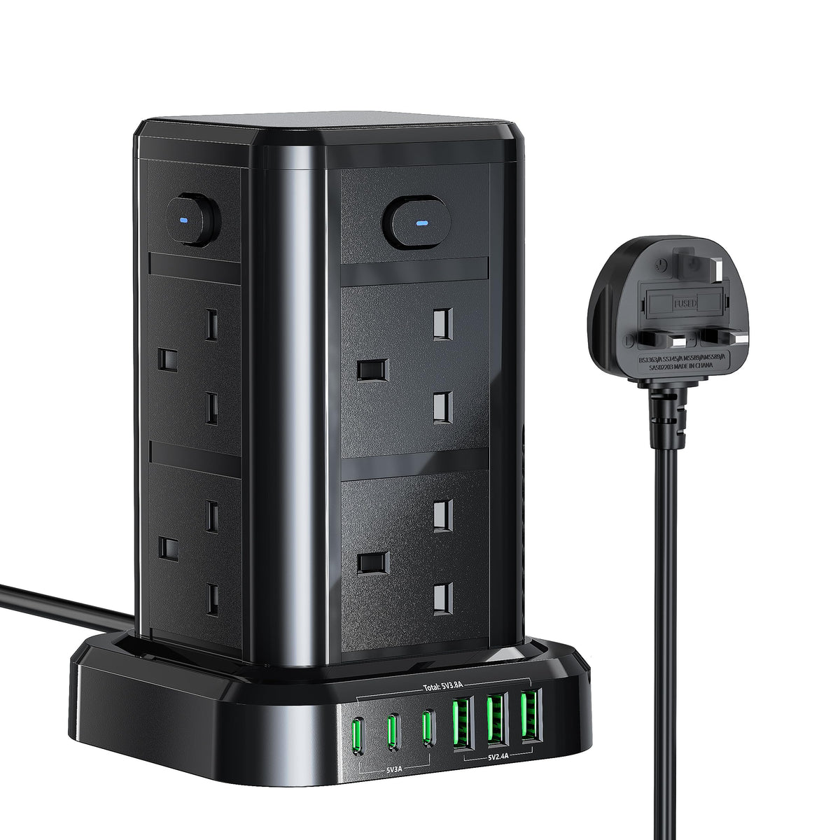 6M Tower Extension Cord with 6 USB Slots, Toomke 8 Way Extension Sockets with 3 USB A and 3 USB C, Tower Plug Extension with 4 Independent Switches 13A 3250W