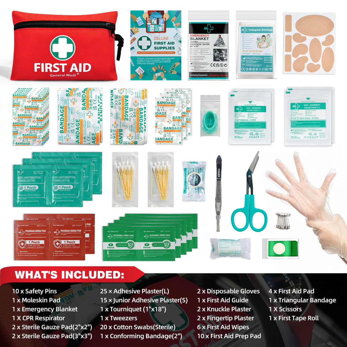 General Medi Mini First Aid Kit, 92 Pieces Small First Aid Kit - Includes Emergency Foil Blanket, Scissors for Travel, Home, Office, Vehicle, Camping, Workplace & Outdoor (Red)