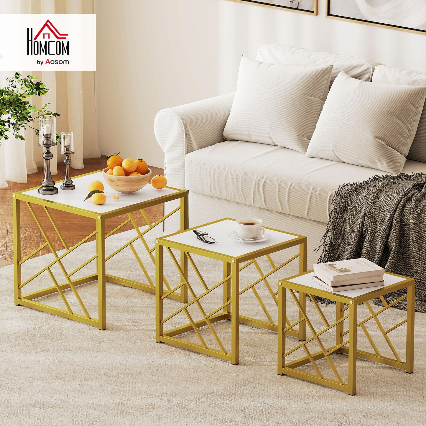 HOMCOM Nesting Coffee Tables, Set of 3 Square Side Tables with Black Metal Frame, for Living Room, Bedroom and Office, Grey