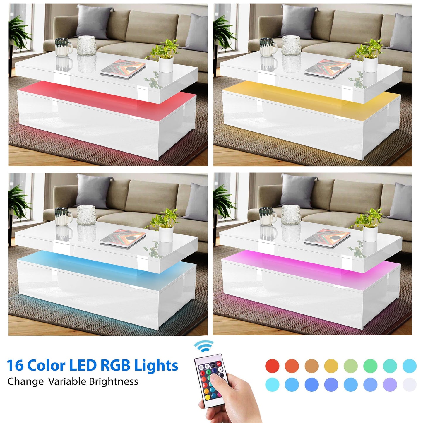 Blisswood High Gloss Coffee Table for Living Room, Rectangle Centre Table with 2 Drawer Storage, Modern Wooden Tea Table with LED RGB Lights for Home, Office & Living Room Furniture - White