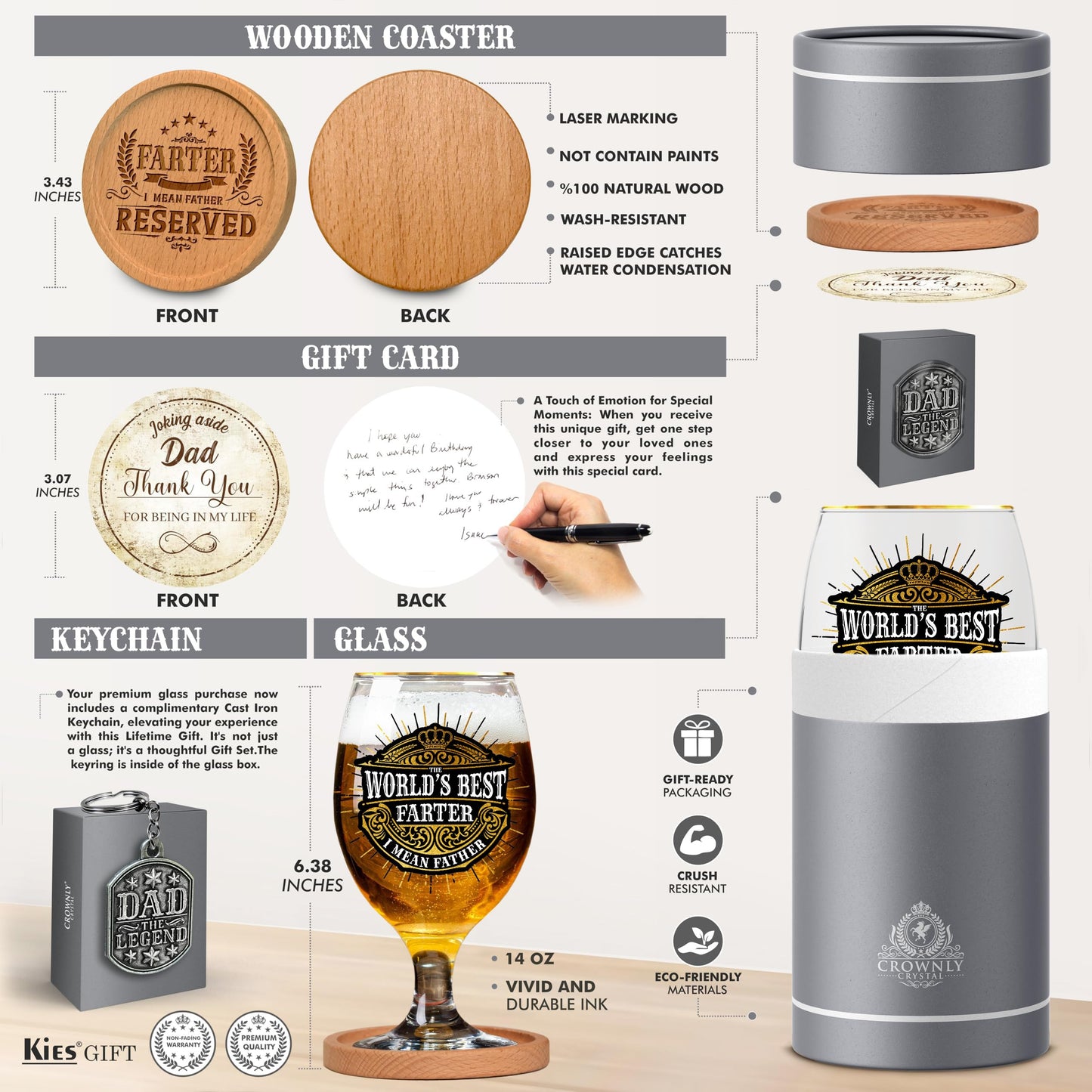 Crownly Crystal® Gold Birthday Gifts: Dad's Beer Glasses