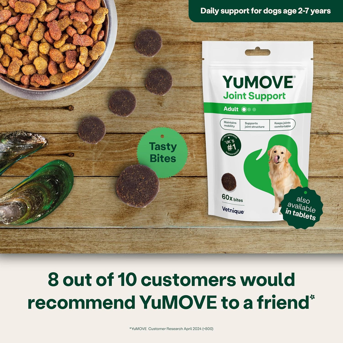 YuMOVE Joint Supplement for Dogs, Daily Bites for Joint Care, Essential Dog Hip and Joint Support for Stiff Adult Dogs with Glucosamine, Chondroitin, Green Lipped Mussel, 60 Tablets