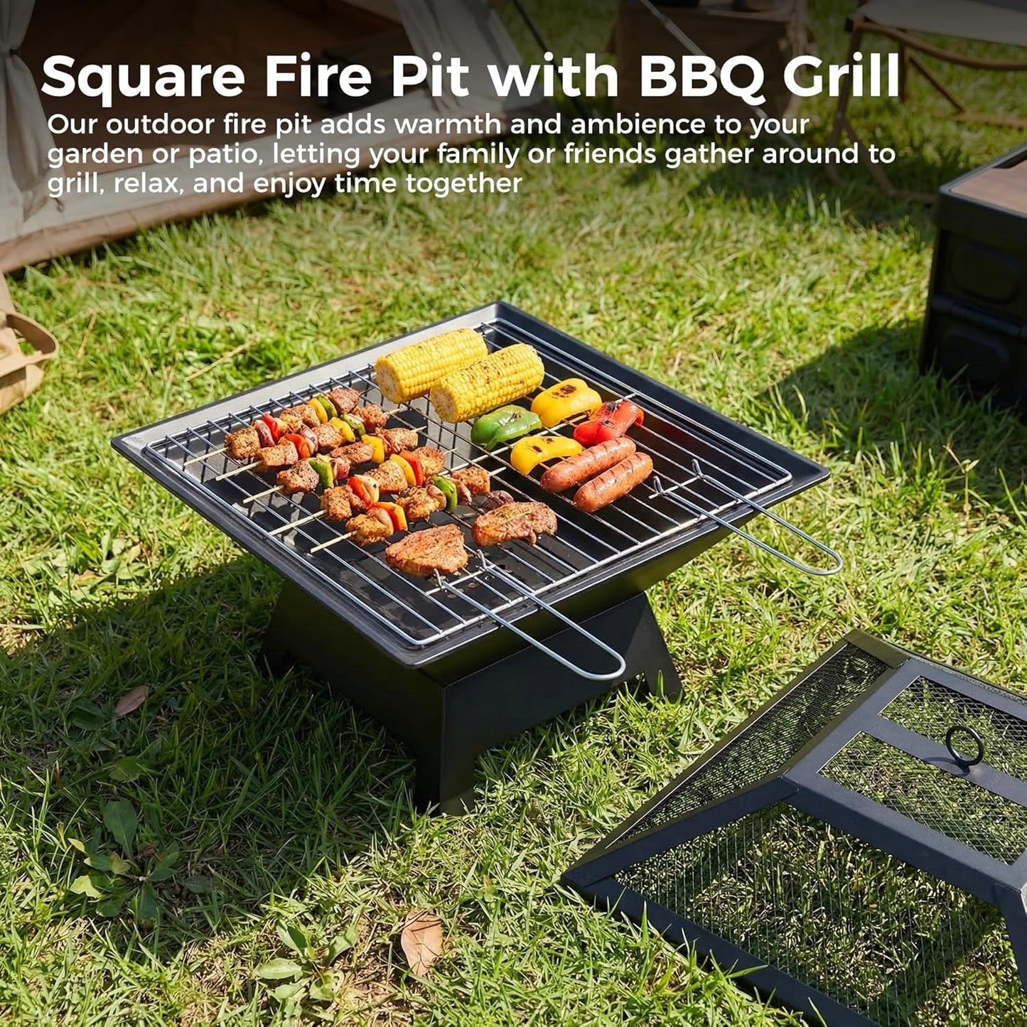 Square Fire Pit with BBQ Grill, Metal Fire Pit BBQ with Mesh Lid & Poker, Outdoor Garden Patio Heater Firepit, Sturdy and Durable Iron Construction - Great for Camping, Picnics or the Garden