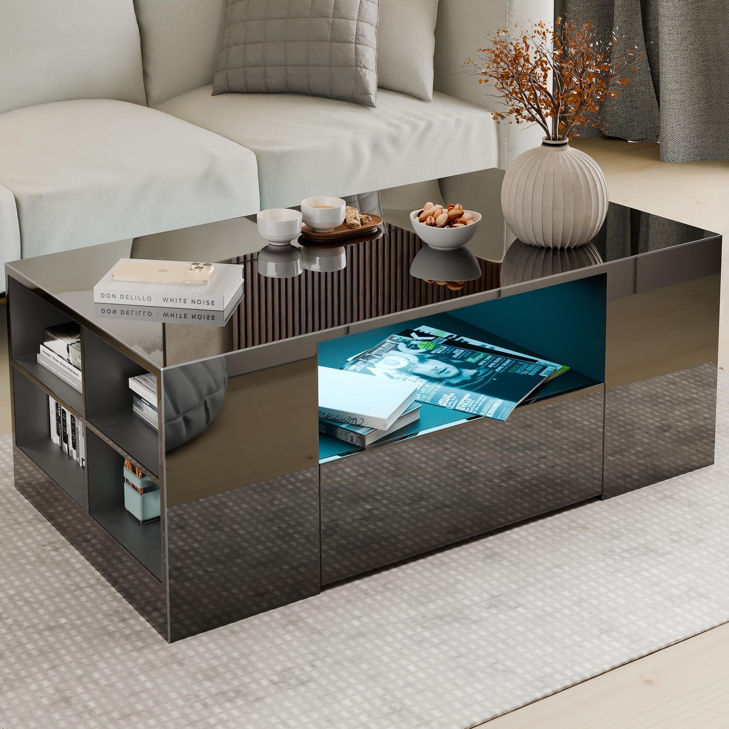 Blisswood Led Coffee Table with 2 Drawer Storage, High Gloss Coffee Table for Living Room Wooden Centre Table with RGB Led Lights Rectangle Tea Table for Living Room Furniture, Black