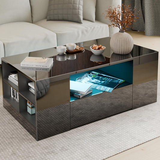Blisswood Led Coffee Table with 2 Drawer Storage, High Gloss Coffee Table for Living Room Wooden Centre Table with RGB Led Lights Rectangle Tea Table for Living Room Furniture, Black