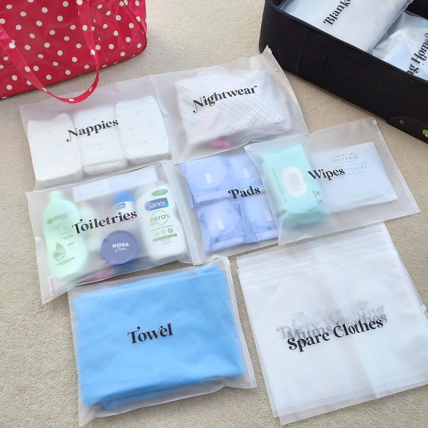 23x Baby Hospital Maternity Organiser Bags Essentials | Baby Shower | Mum to Be | Labor & Delivery Bag Labels