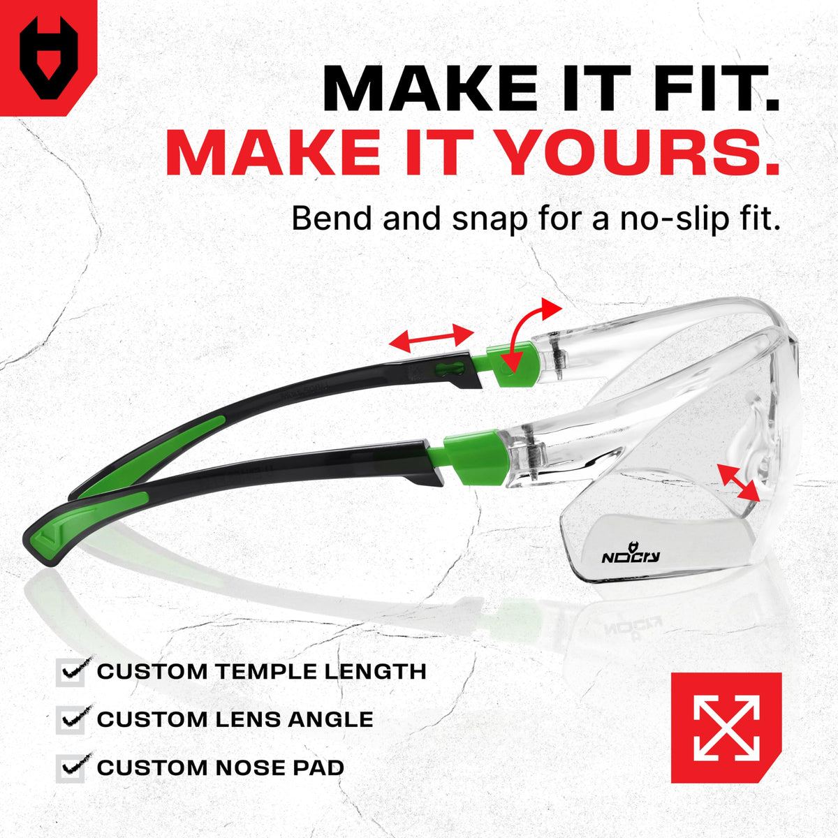 NoCry Clear Safety Glasses for Work with Anti Fog Scratch Resistant Wrap-Around Lenses and Non-Slip Grips, UV Protection. Adjustable Eye Protection Cycling and Squash Glasses with Black & Green Frames