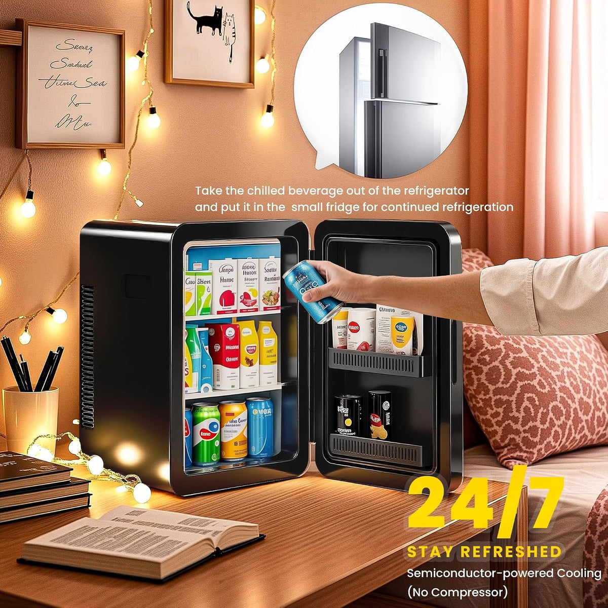 Mini Fridge 22L/30 Cans, Cooler & Warmer for Bedroom, AC & 12V DC