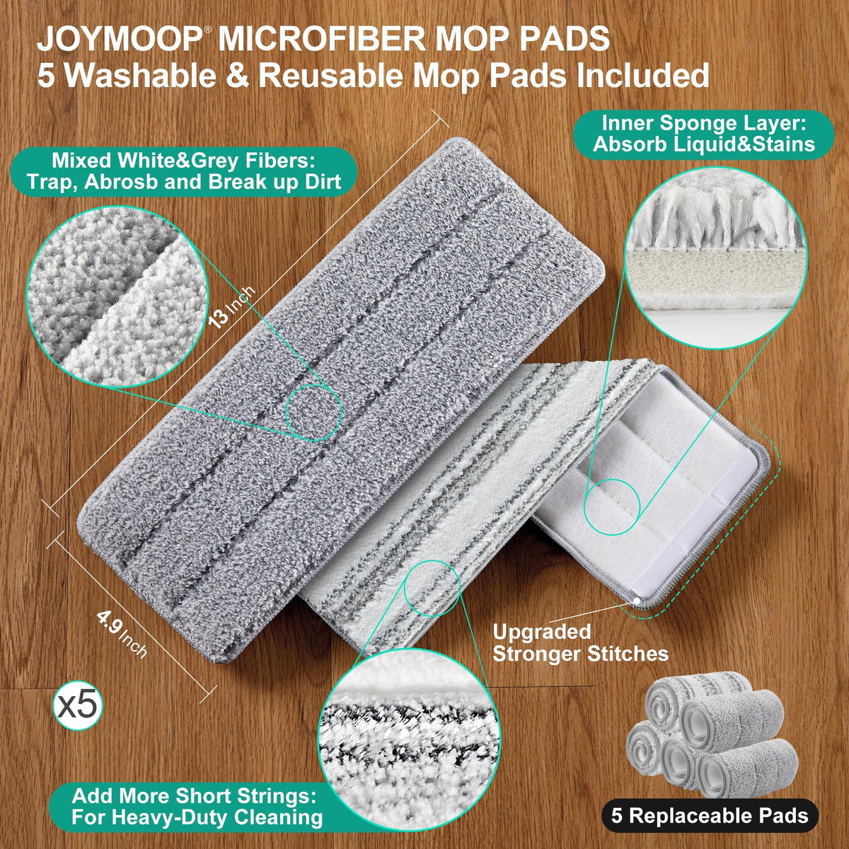 JOYMOOP Mop and Bucket with Wringer Set, Hands Free Flat Floor Mop and Bucket, with 3 Washable Microfiber Pads, Wet and Dry Use, Floor Cleaning System