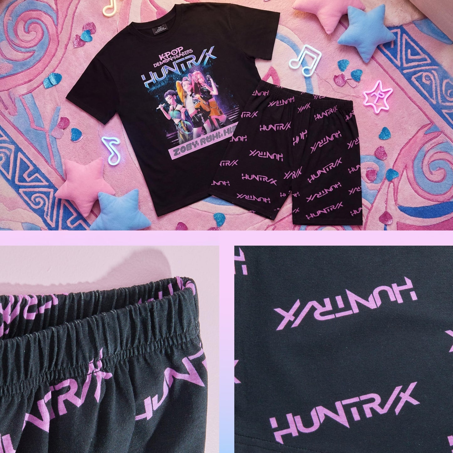 KPop Demon Hunters Official Girls Pyjama Set 5-14 Yrs, 2 Pcs Pjs Shorts & T-shirt, Huntrix Saja Boys Derpy Tiger Merch Gifts