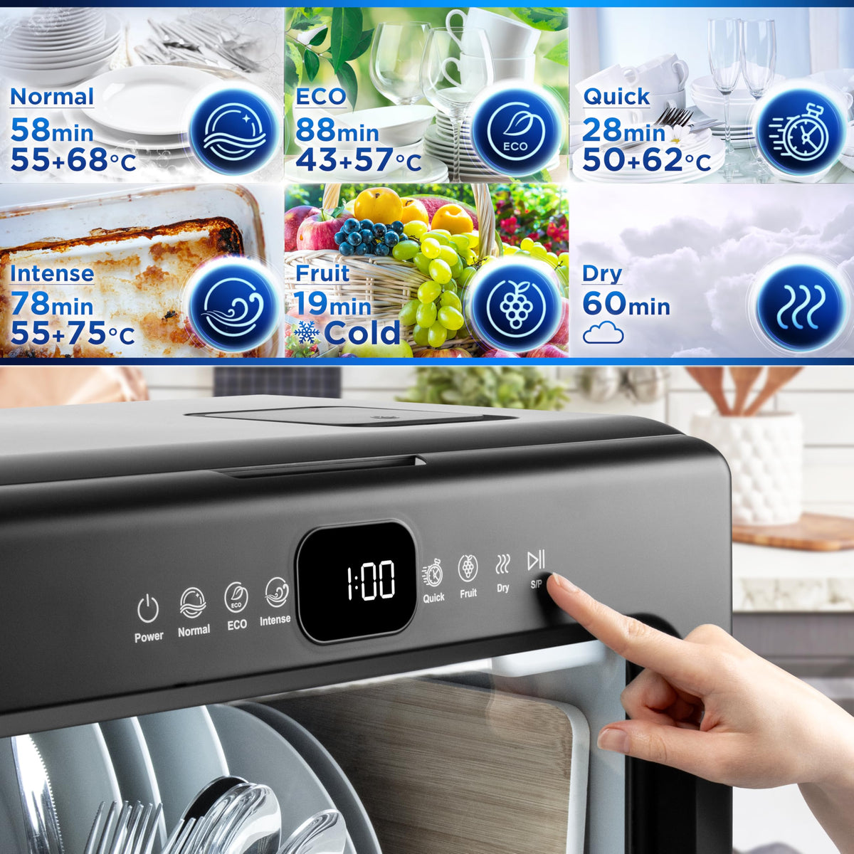 Duronic Table Top Dishwasher DW5 BK 950W Compact Tabletop Dish Washer Mini 5L Dishwashers with 8 Wash Cycles Electric Countertop Cleaner for Quick Eco Cleaning Plates Glass Cutlery Fruit (BLACK)