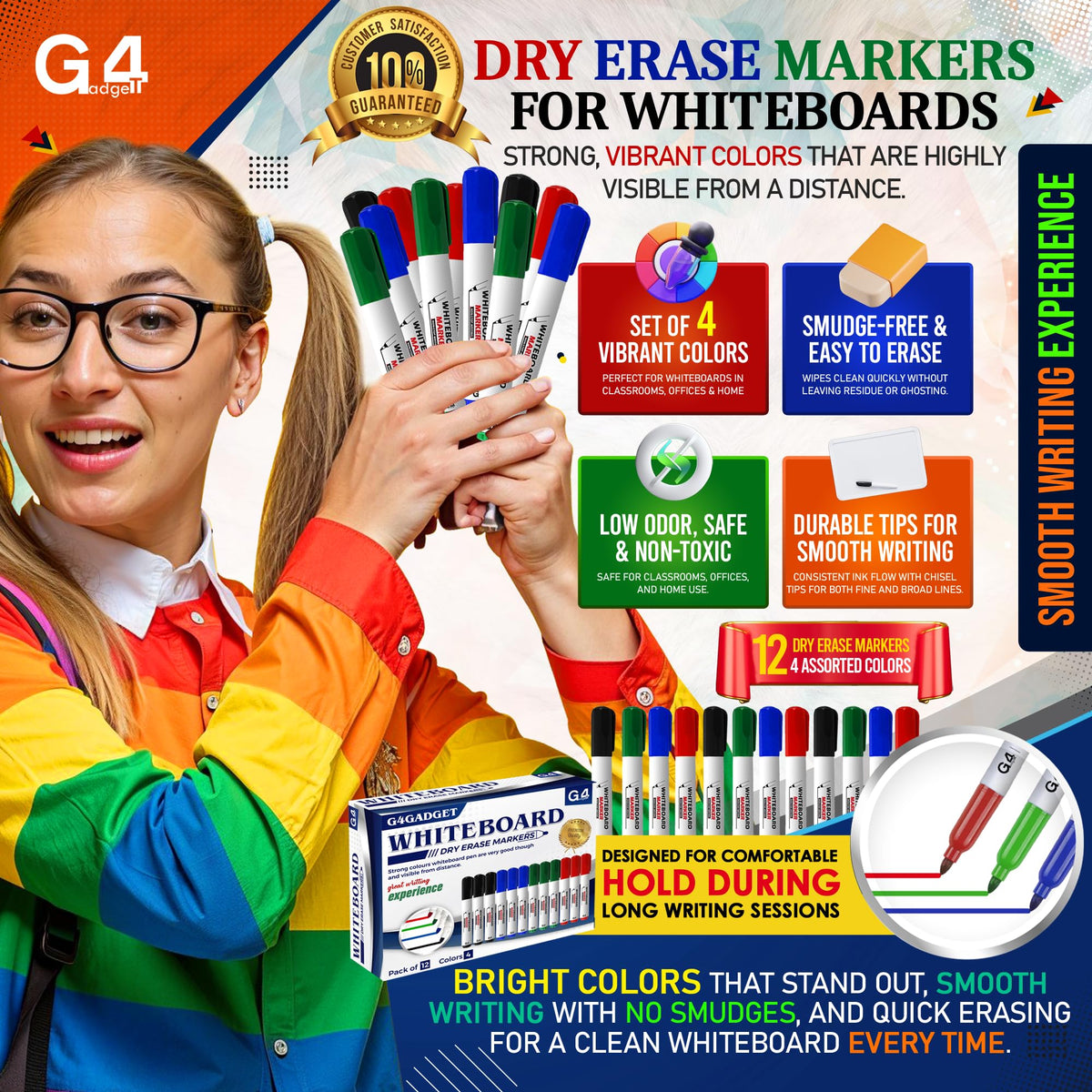 G4GADGET Nice Style Pack of 10 Non-Toxic Ink Black Colour Whiteboard Dry Wipe Marker Pens Bullet Tip