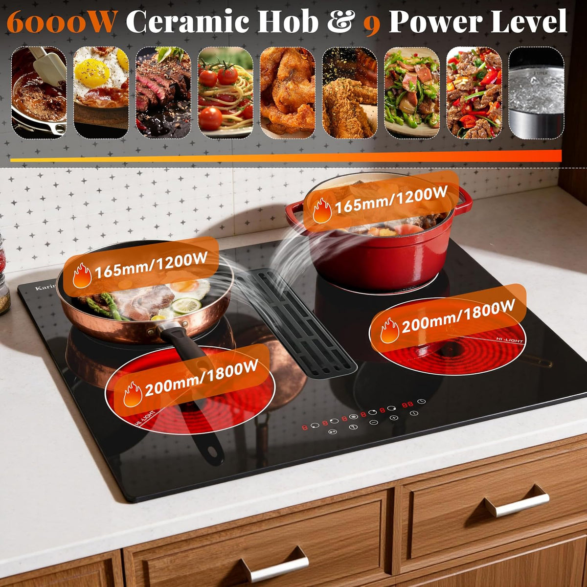 Karinear Electric Ceramic Hob 60cm 4 Zones with Built-in Extractor Hood