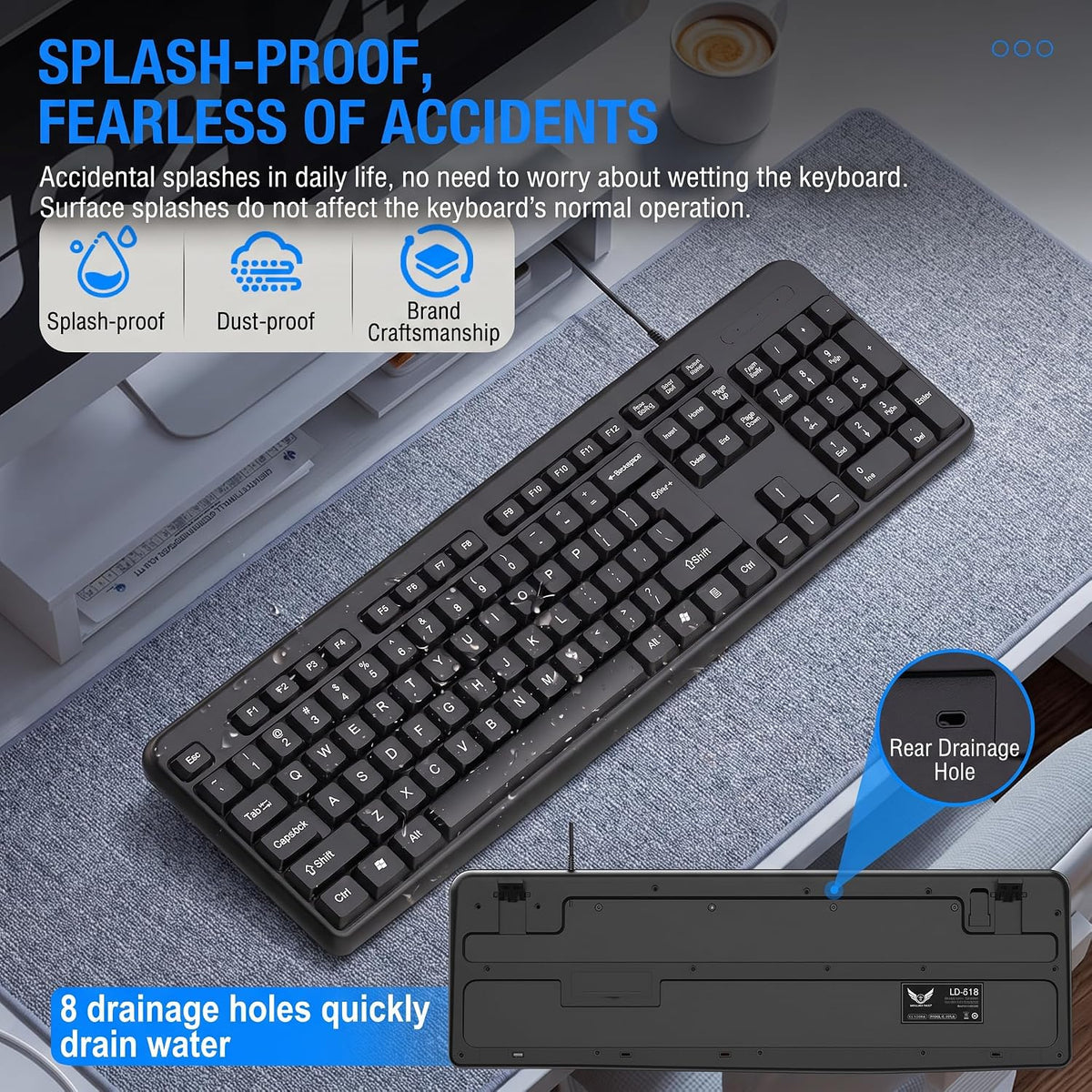 Wired Keyboard UK Layout, Full Size 105 Keys USB Computer Keyboard with Numeric Keypad, Quiet Typing Spill-Resistant Plug and Play PC Keyboard for Windows 11 10 Laptop Office Desktop, Black