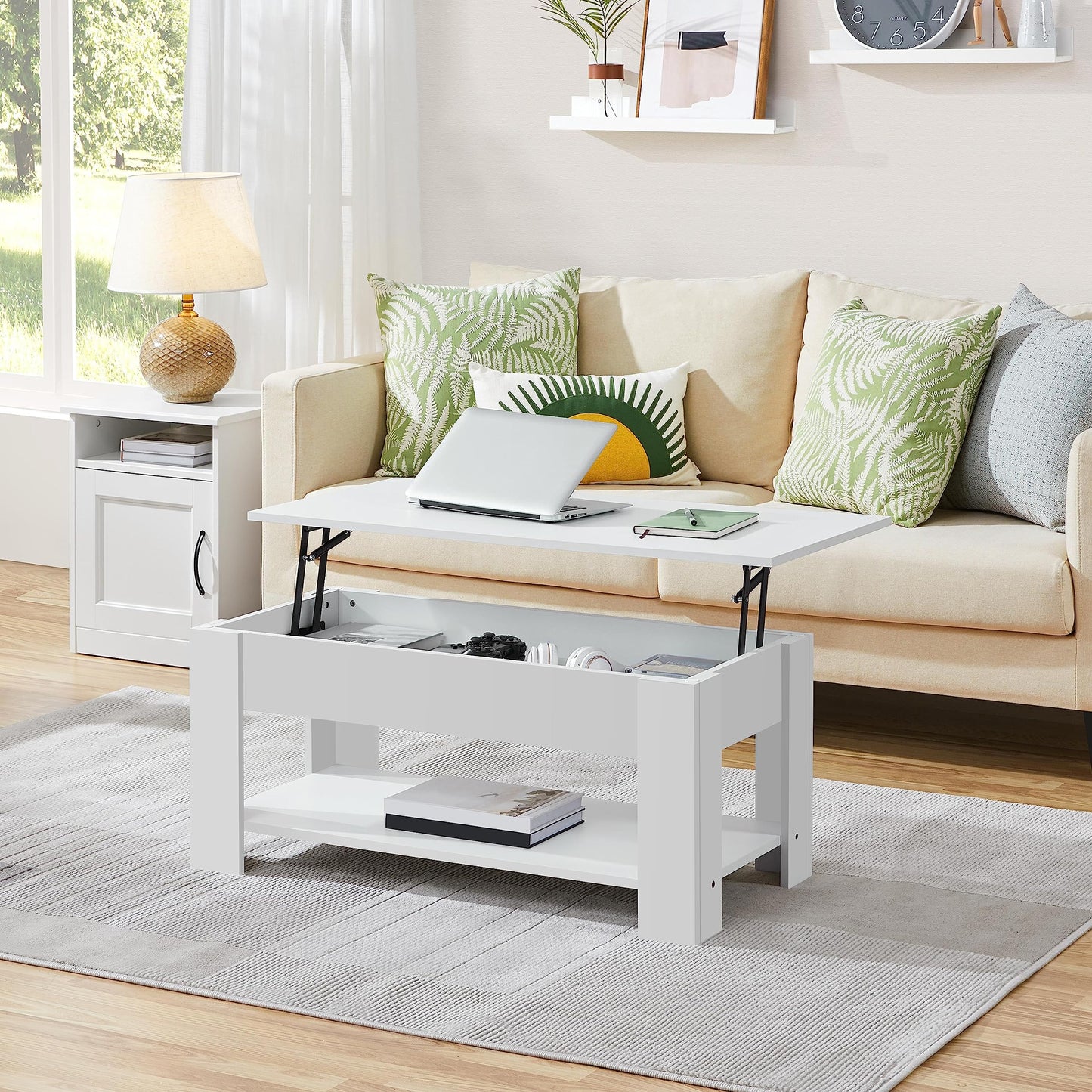 Yaheetech Lift Up Coffee Table, Wooden Lifting Coffee Table with Hidden Storage Drawer and Open Shelf, Space-saving Tea Tables for Living Room/Reception, Espresso