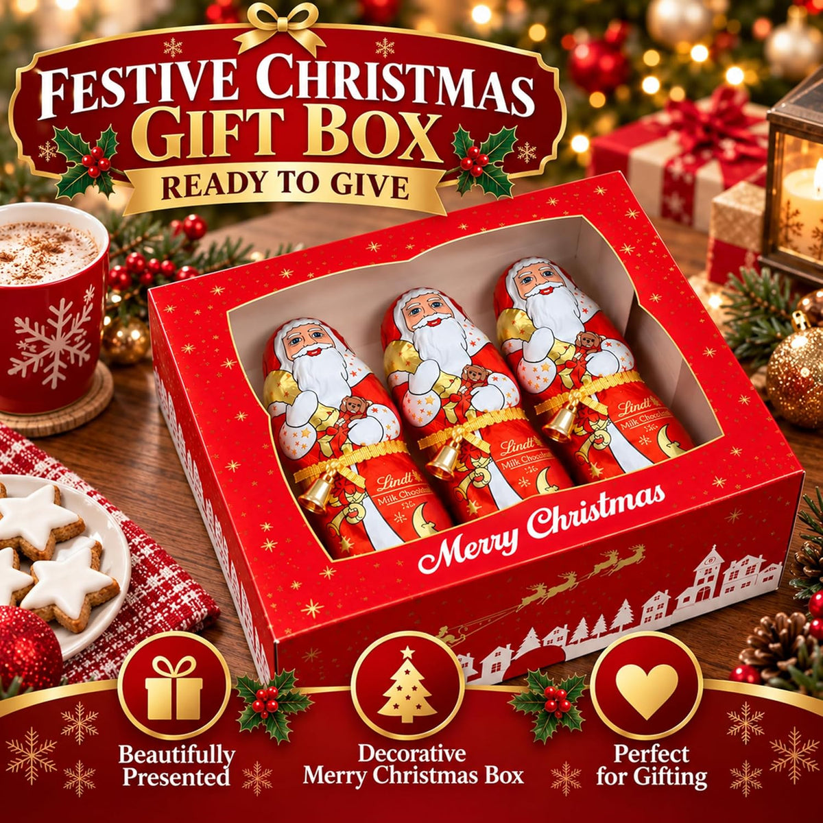 Santa Lindt Chocolates Gift Box for Stocking Fillers - Festive 3 x 125g Santa Claus Chocolate Figures with Gold Bells, Christmas Chocolate. Great Christmas Gift for Kids