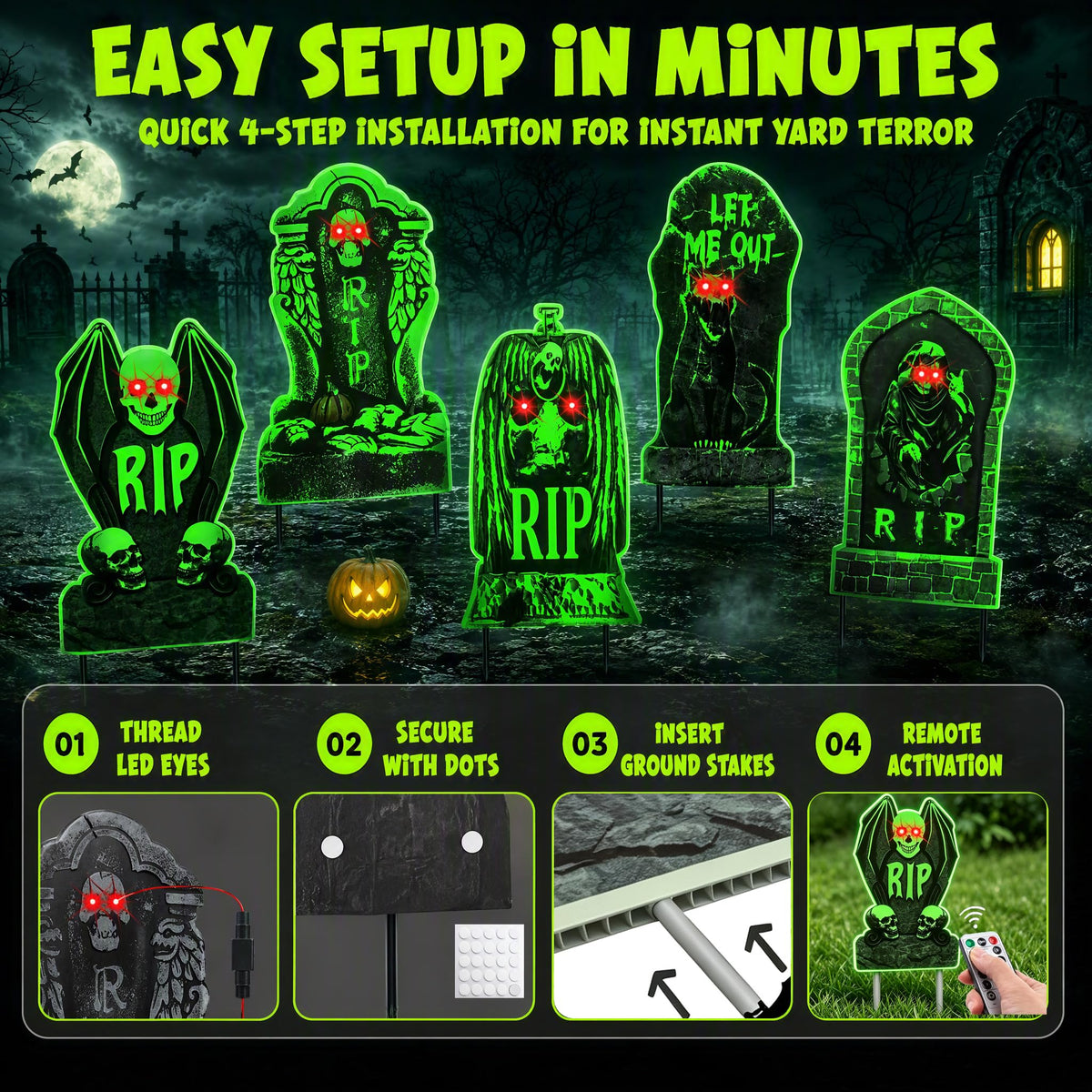 10 Pack Halloween Yard Signs, Fluorescent Skeleton Hands and Tombstones