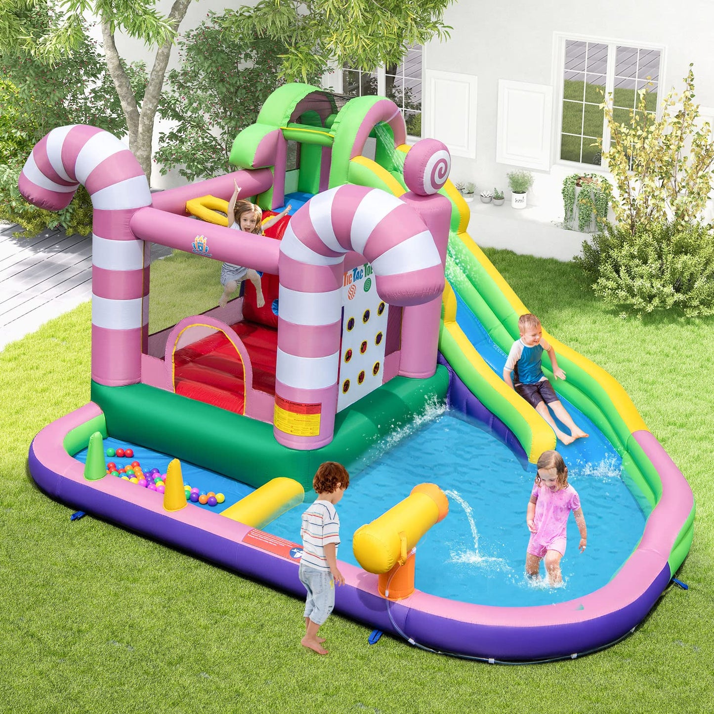 COSTWAY Kids Inflatable Water Park with Slide, Climbing Wall, Water Cannon, Splashing Pool, Blow up Bouncy Castle House for Summer Outdoor Play (with 50 Ocean Balls)