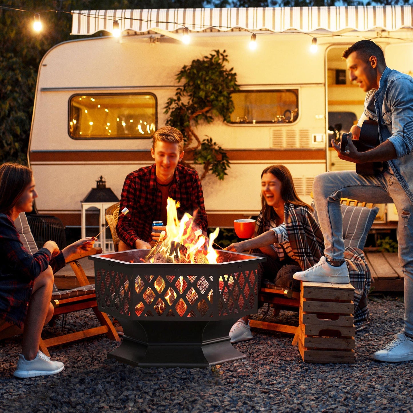 Yaheetech Fire Pit Heavy Duty Fire Bowl Large Fire Pit with Mesh Poker for Outside Patio Heater/Camping Bonfire/Garden/Backyard/Poolside, Hexagon Shaped, Black