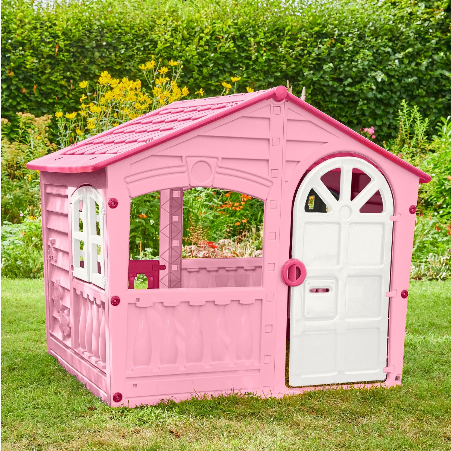 House of Fun Playhouse for Kids - Indoor and Outdoor - Work Door and Windows - Pink and White Candy Yarn - Children Ages 2+