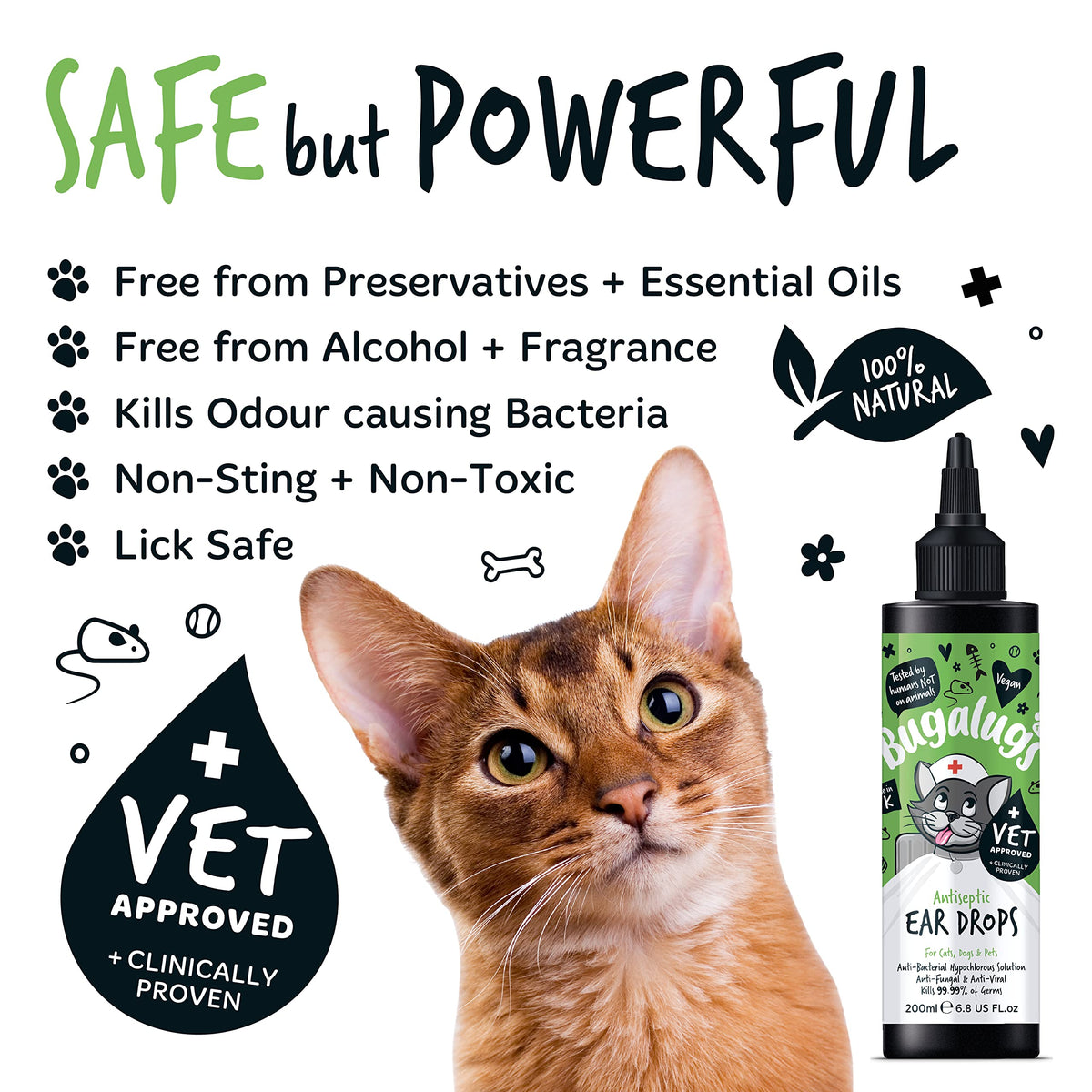BUGALUGS Antiseptic Ear Drops 200ml – Ear Disinfection, Kills bacteria, Stops Odours, Scratching & Discomfort, Anti-fungal (Yeast), Veterinary-grade, for Dogs, Cats & all other animals