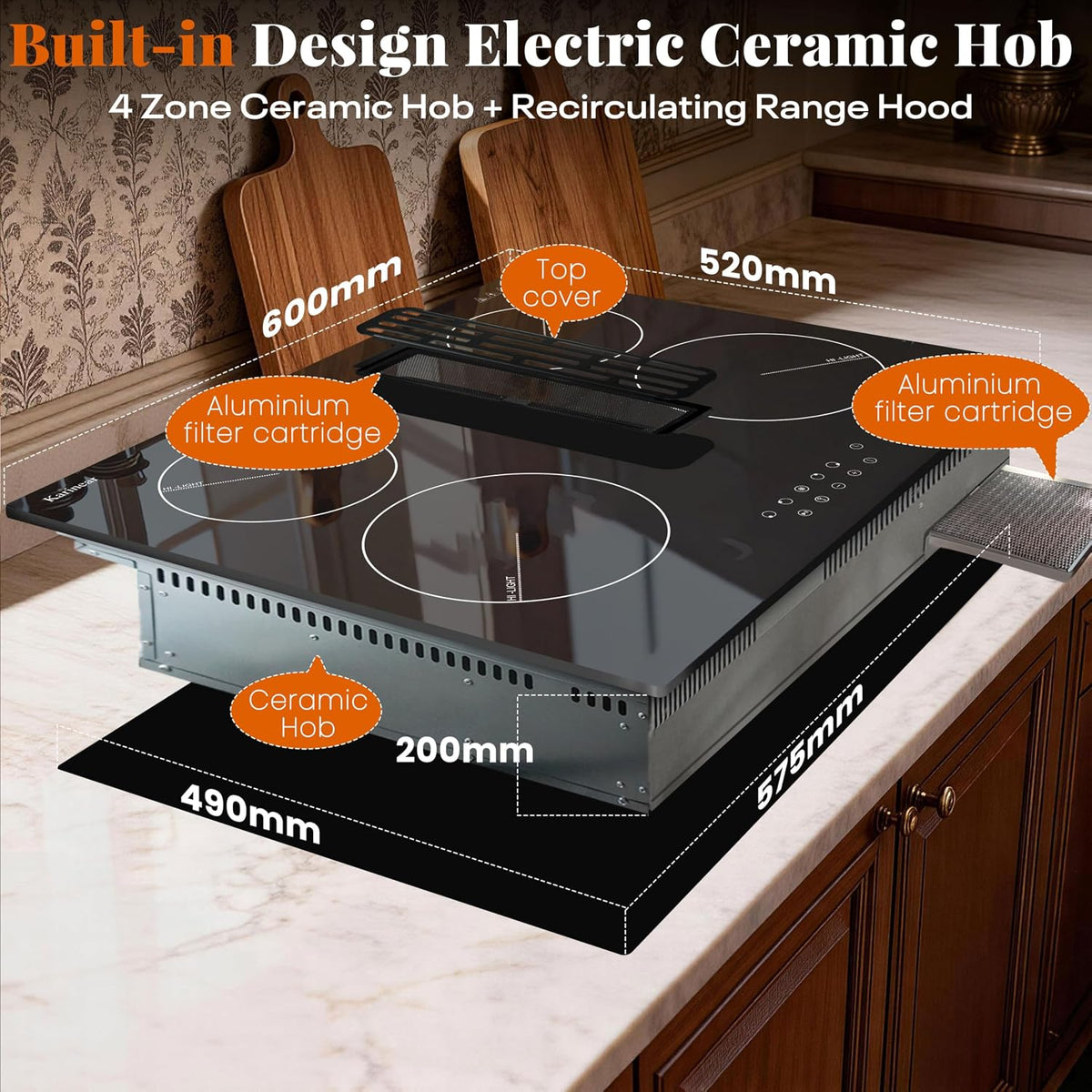 Karinear Electric Ceramic Hob 60cm 4 Zones with Built-in Extractor Hood