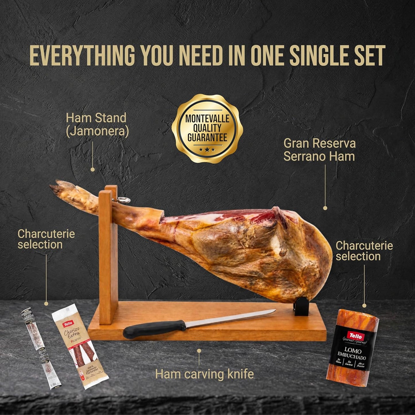 Montevalle Gran Reserva Serrano Ham Whole Leg | 7-8kg Slow Cured for 20 Months | Professional Set with Stand and Knife | Gourmet Gift Hamper Including Chorizo, Lomo, and Fuet for Spanish Tapas