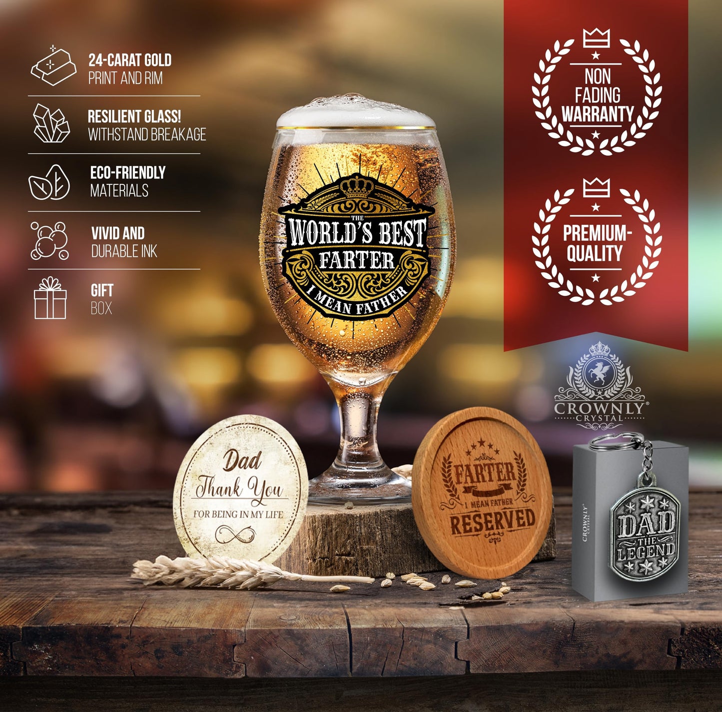 Crownly Crystal® Gold Birthday Gifts: Dad's Beer Glasses