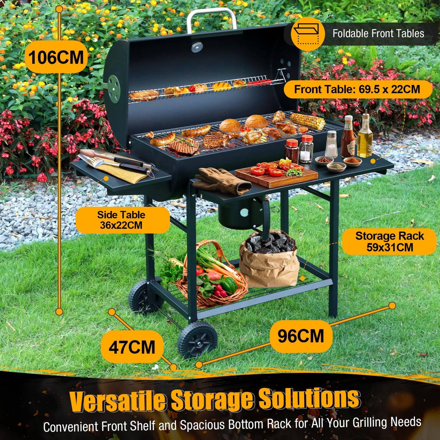 Charcoal BBQ Grill With Offset Smoker: Large Oil Drum Barbecue Barrel Grill For Outdoor Garden