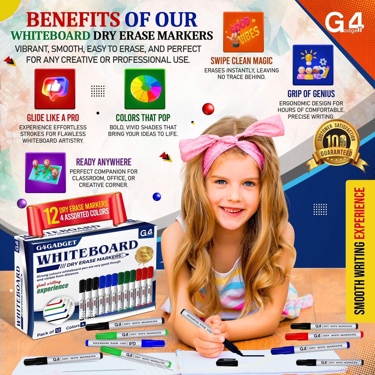G4GADGET Nice Style Pack of 10 Non-Toxic Ink Black Colour Whiteboard Dry Wipe Marker Pens Bullet Tip