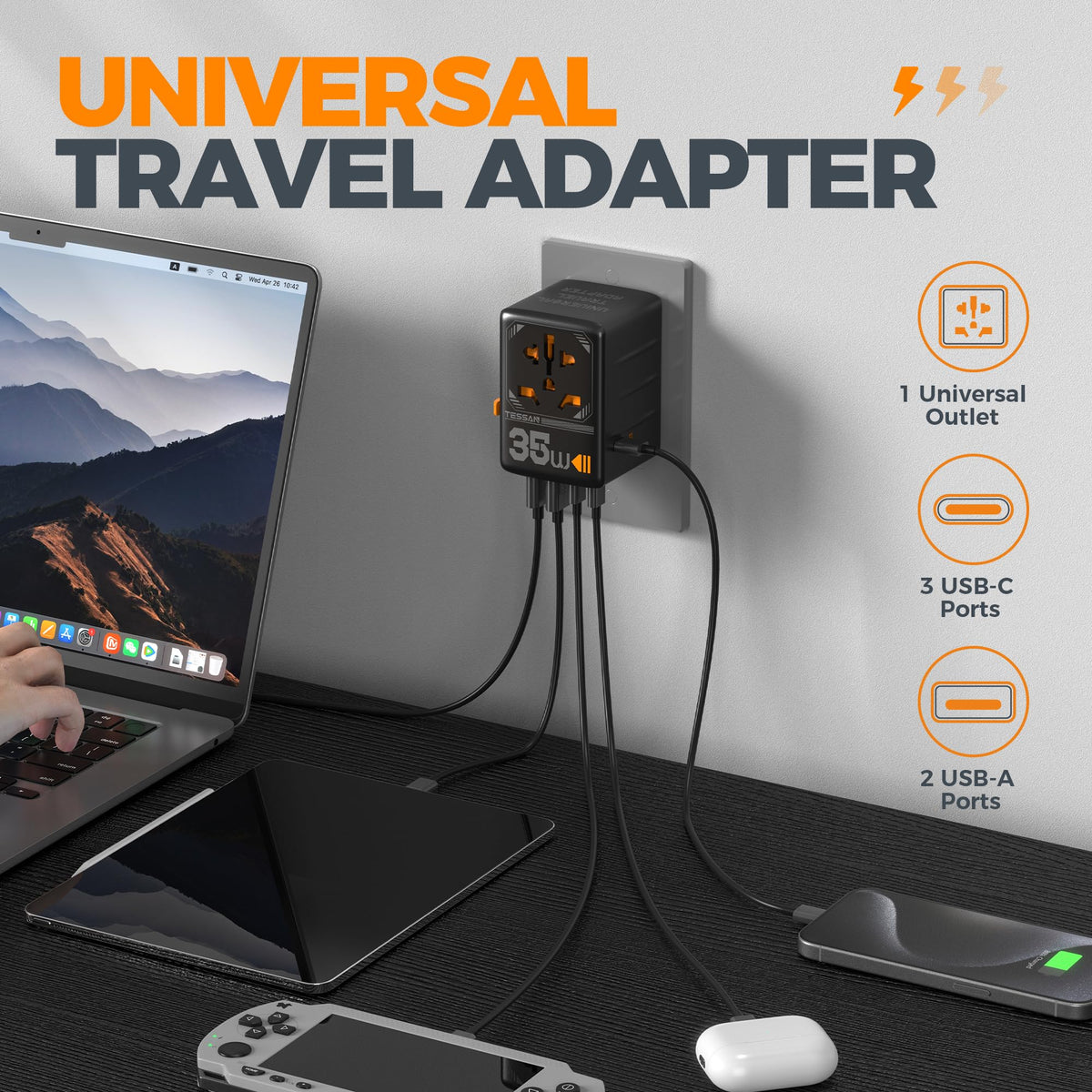 TESSAN Universal Travel Adapter Worldwide with 2 USB C and 2 USB A Ports