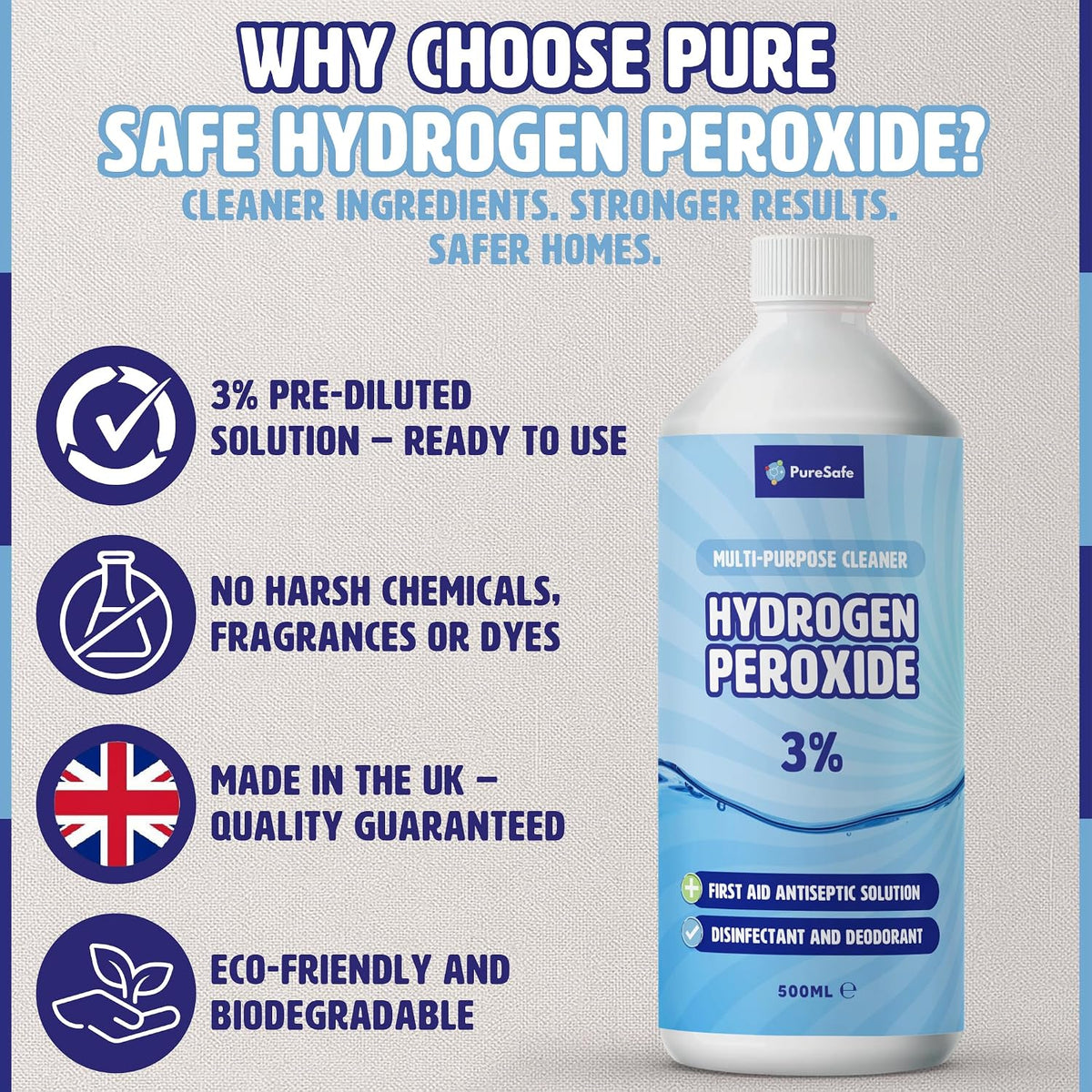 Pure Safe Hydrogen Peroxide 3% Solution 500ml – Multi-Purpose Household Cleaner, Surface Disinfectant, Mould and Mildew Remover, Stain Fighter, Grout Whitener, Kitchen and Bathroom Sanitiser
