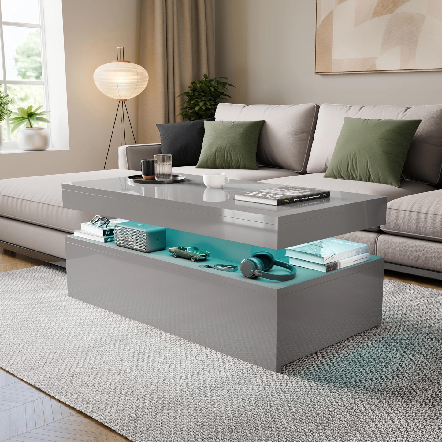 Blisswood High Gloss Coffee Table for Living Room, Rectangle Centre Table with 2 Drawer Storage, Modern Wooden Tea Table with LED RGB Lights for Home, Office & Living Room Furniture - White