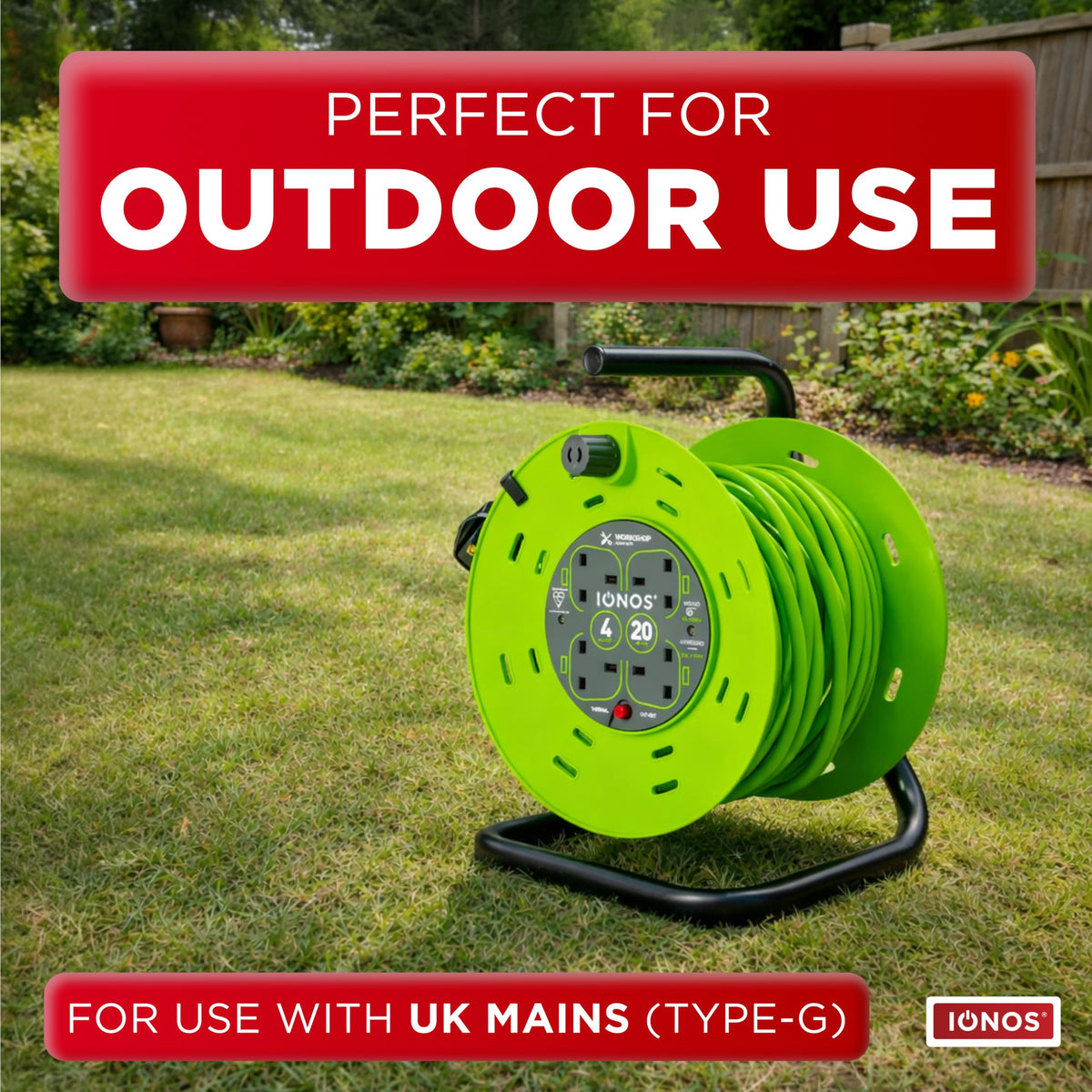 IONOS 2 Socket Cable Reel, 10m Outdoor Garden Extension Lead, DIY