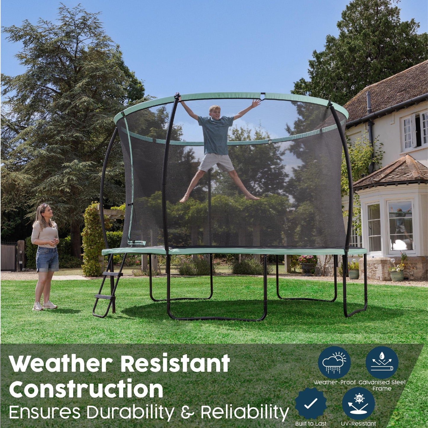 Bestway Xtreme Air Trampoline, 8ft/10ft/12ft Outdoor Round Trampoline with Fully Sewn Gap-Free Safety Enclosure Net, Ladder & Anchor Kit, 2-Year Warranty Guaranteed