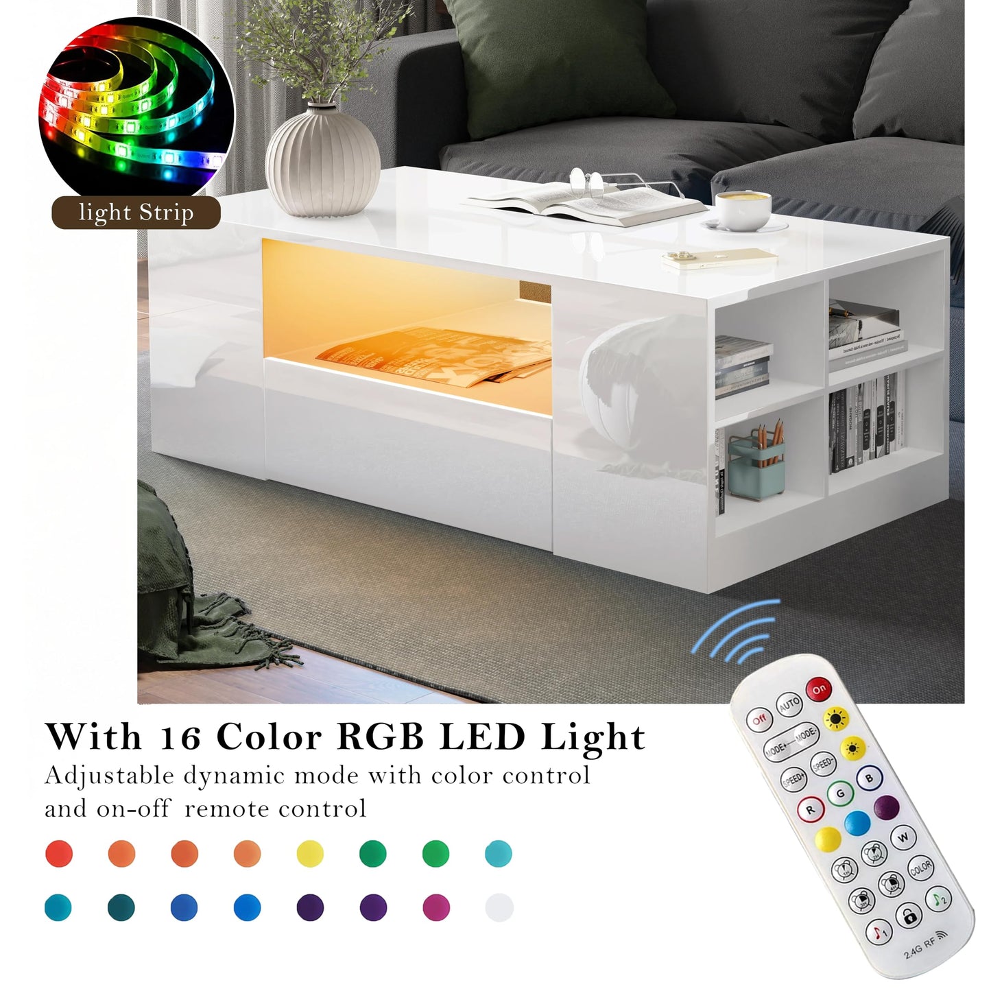 Blisswood Led Coffee Table with 2 Drawer Storage, High Gloss Coffee Table for Living Room Wooden Centre Table with RGB Led Lights Rectangle Tea Table for Living Room Furniture, Black
